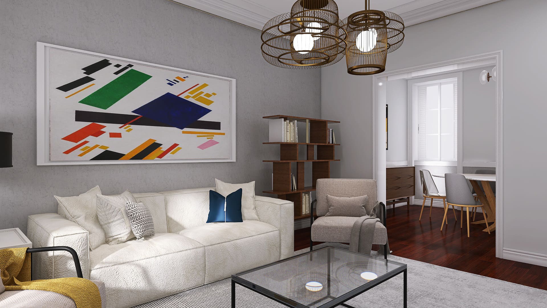 Renovação e decoração de sala em apartamento localizado em prédio dos anos 30, em Lisboa